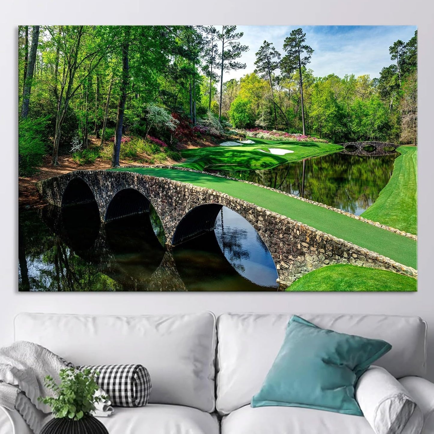 Nature Wall Art Prints - Ocean Forest Mountain Lake Canvas Landscapes - Small to Extra Large Living Room Bedroom Kitchen Bathroom Décor (Golf Course with Stone Bridge, 35L" x 53W")