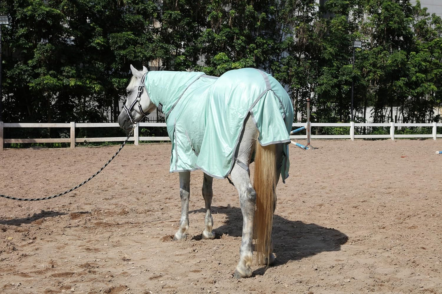 Horse Fly Sheet with Detachable Neck Cover & Belly Wrap, Adjustable Fly Sheet for Horses, Ventilated Airflow Mesh Equine Cooling Summer Flysheet Green 66