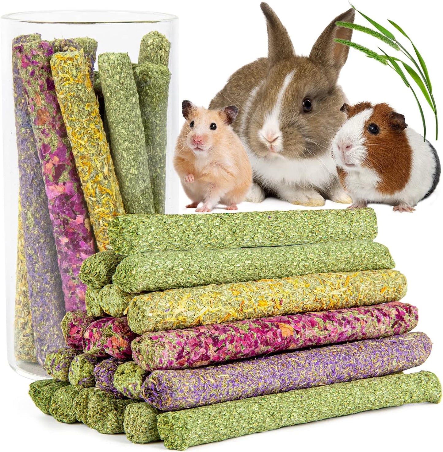 Sofier Timothy Hay Sticks - 44Pcs Natural Chews for Teeth - Handmade Rabbit & Guinea Pig Toys - Chinchilla, Rat, Hamster, Gerbil