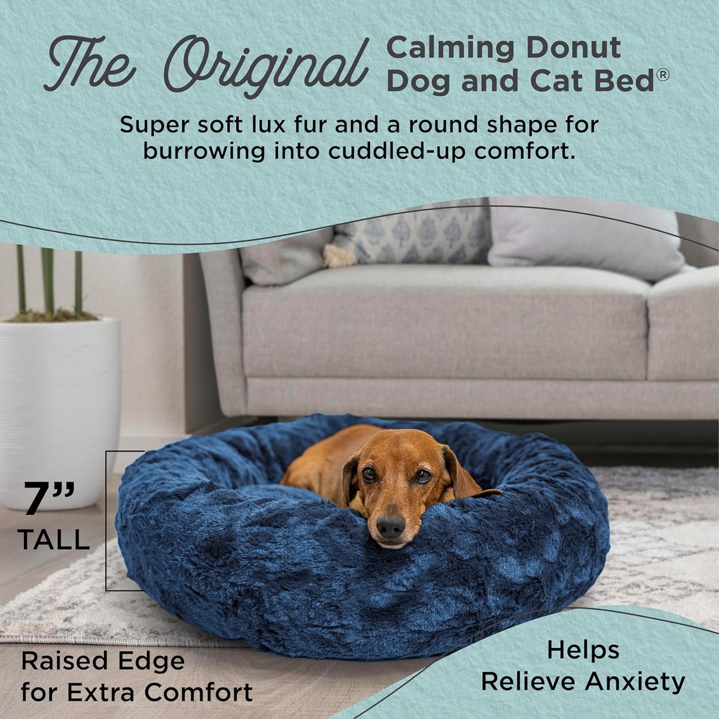Best Friends by Sheri Original Calming Donut Dog and Cat Bed, Lux Faux Fur, Navy Blue, (23in x 23in) - Anxiety Relief for Pets Up to 25 lbs