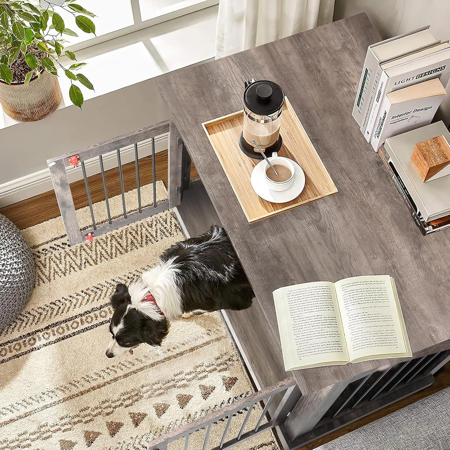 PUKAMI 44inch Dog Crate Furniture with Drawers,Wooden Dog Kennel Furniture for Large Breed,End Table Wood Dog House for Indoor use (Grey)