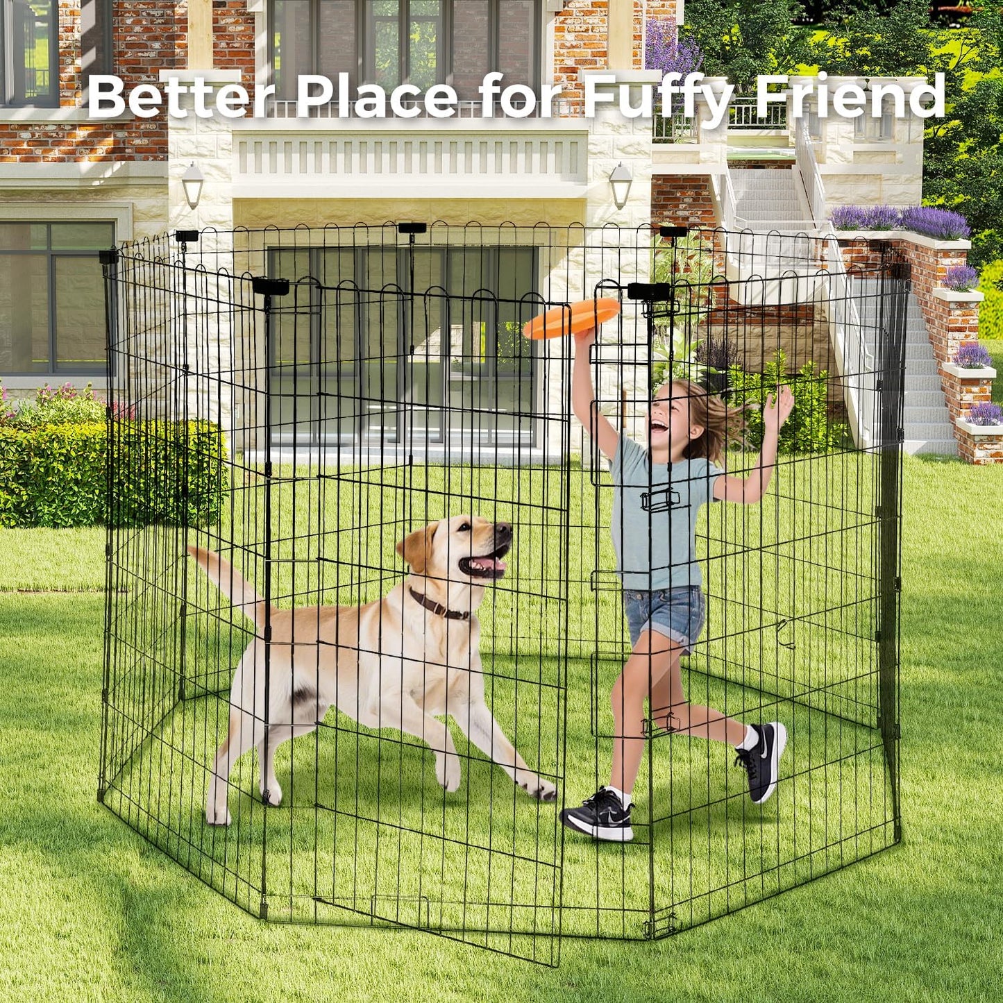 Foldable Dog Playpen 48" Height 8 Panels Metal Exercise Pen No Door - Indoor/Outdoor Dog Play Pen for Medium-Large Dogs, Portable Pet Fence for Yard Garden Camping, Black