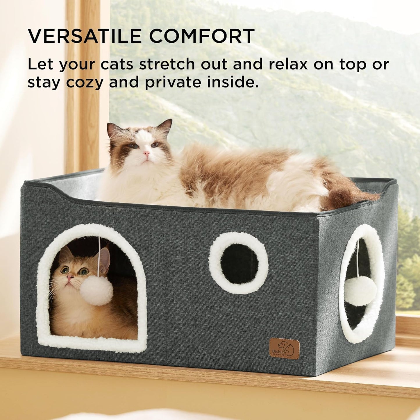 Bedsure Large Cat Beds for Indoor Cats - Extra Wide Cat Cube House for Small Pet with Fluffy Ball Hanging and Scratch Pad, Foldable Pet Cave Hideaway for Multiple Cats, 23.6x16.9x13 inches, Dark Grey