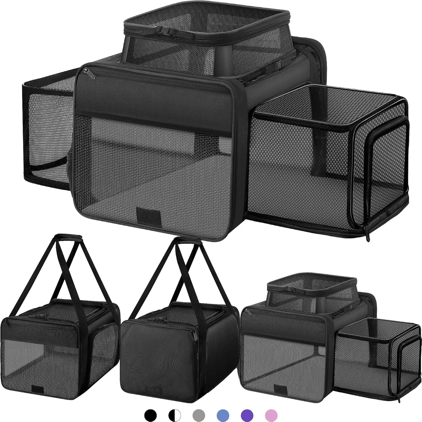 Top and 2 Sides Expandable Cat Carrier 17x11x11, TSA Airline Approved Dog Carriers for Medium Dogs, Soft-Sided Pet Carrier with Self-Locking Zippers for Kitten,Rabbit, Puppy, Guinea Pig Black