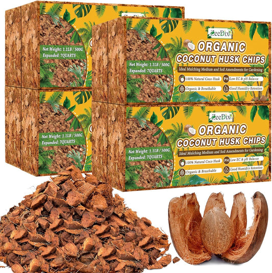 Zeedix 8 Pack Coco Husk Chips for Plants(8.8LB), 100% Organic Coconut Chips Mulch with Low EC & PH Balance, All Purpose for Indoor Plant Flowers Herbs Vegetables, Reptiles Terrarium Tanks Substrate