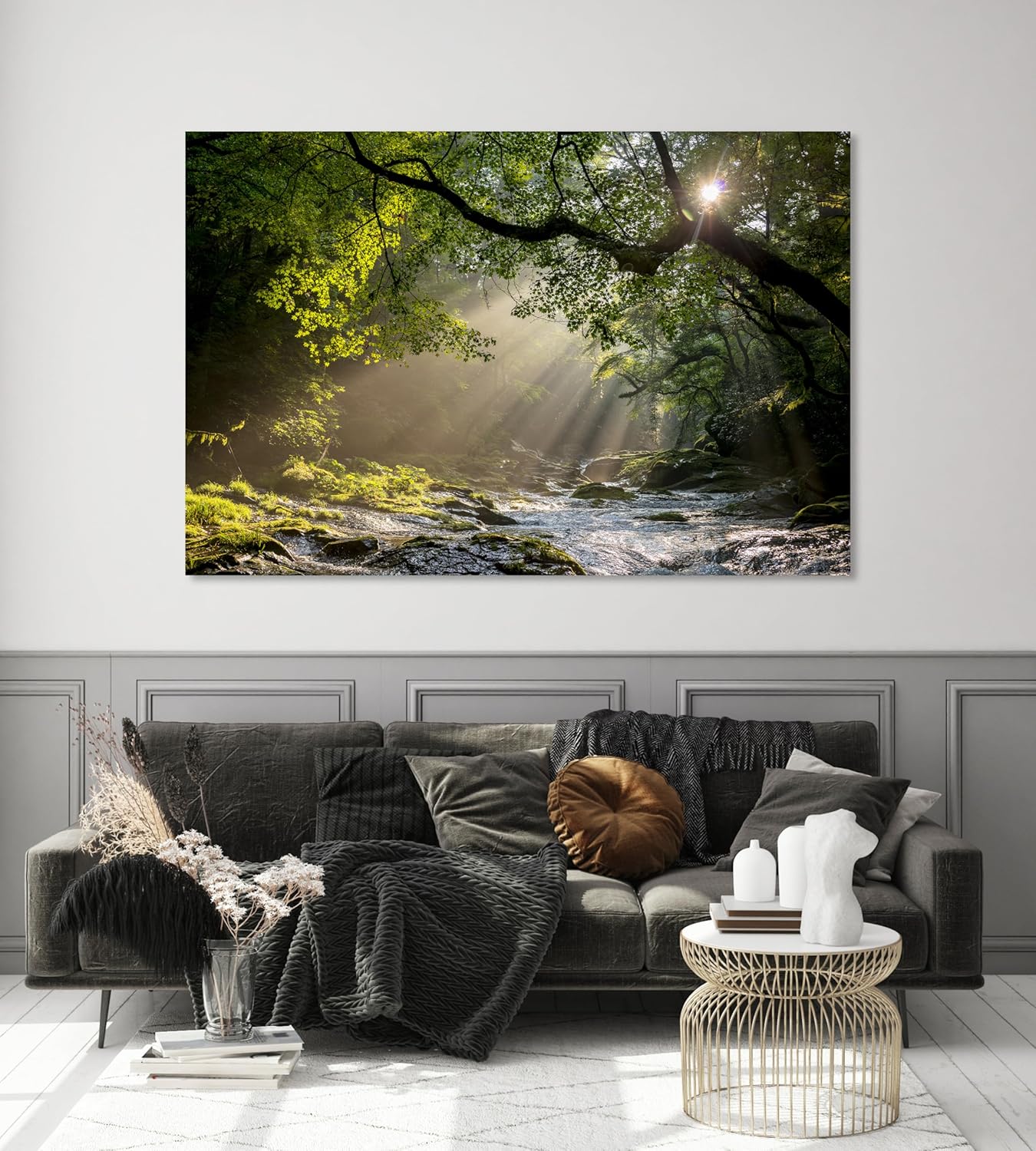 Nature Wall Art Prints - Ocean Forest Mountain Lake Canvas Landscapes - Small to Extra Large Living Room Bedroom Kitchen Bathroom Décor (Rocky River in the Woods, 20L" x 30W")