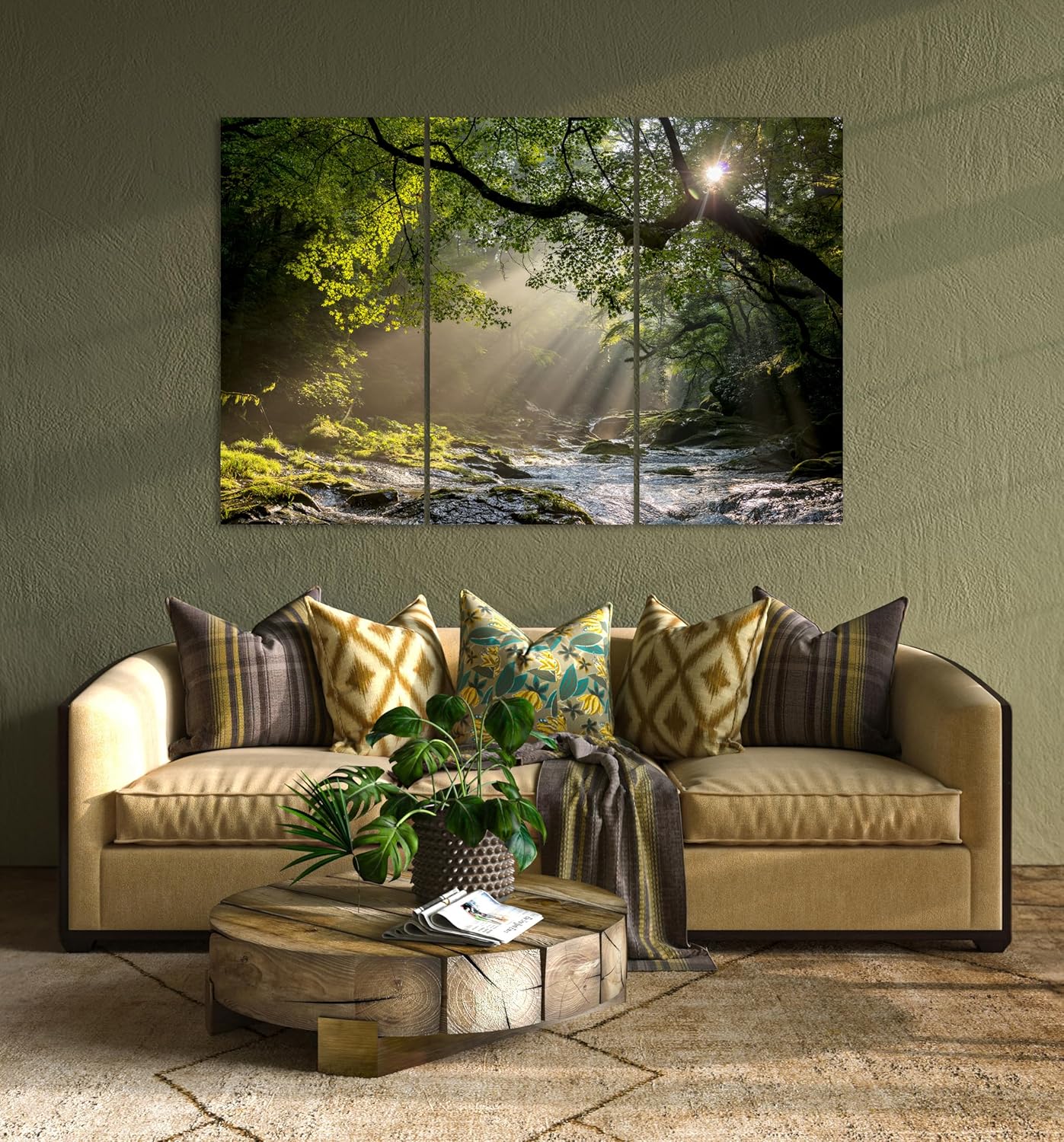 Nature Wall Art Prints - Ocean Forest Mountain Lake Canvas Landscapes - Small to Extra Large Living Room Bedroom Kitchen Bathroom Décor (Rocky River in the Woods, 31L" x 47W" - 3 Panels)