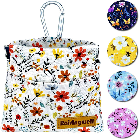 Dog Treat Pouch, Small Cotton Pocket Sized Training Holder, Hand Free Walking Funny Bag with Carabiner, Self-Closing Pet Feed Snack Reward, Behavior Aids for Puppy Travel or Outdoor Use