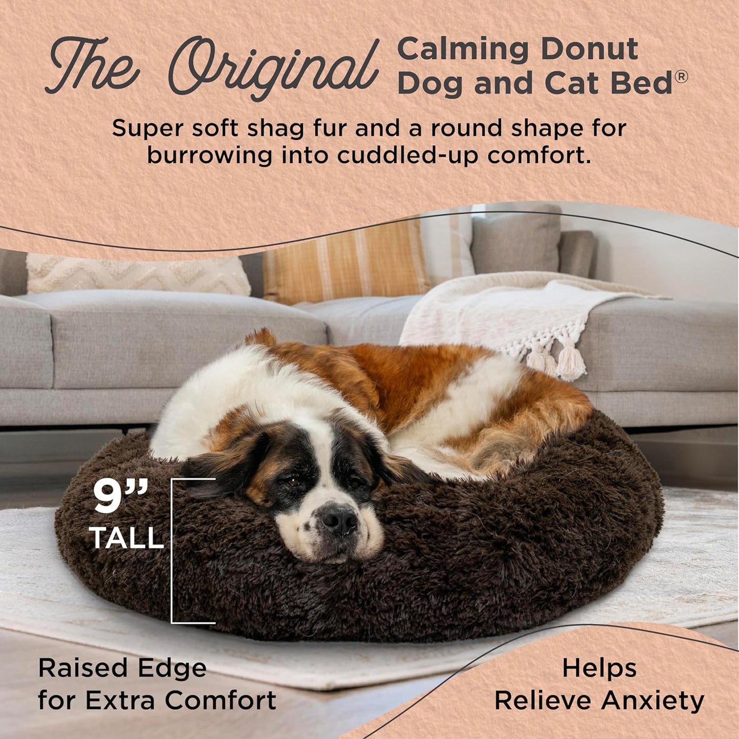 Best Friends by Sheri Original Calming Donut Dog and Cat Bed, Shag Faux Fur, Dark Brown, XL (45in x 45in) - Anxiety Relief for Pets Up to 150 lbs