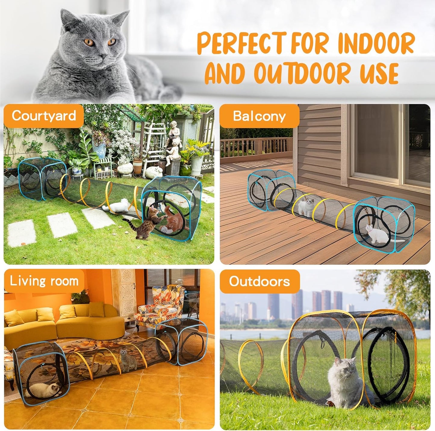 Pet Play Tunnel + Cube(with Three Ways) for Indoor and Outdoor, Kitty Play House, Cat Enclosures, Collapsible Cat Tent, Cage, Kitten Toys Easy to Connect with Kitty Tent（2 Cubes + Run Tunnel）