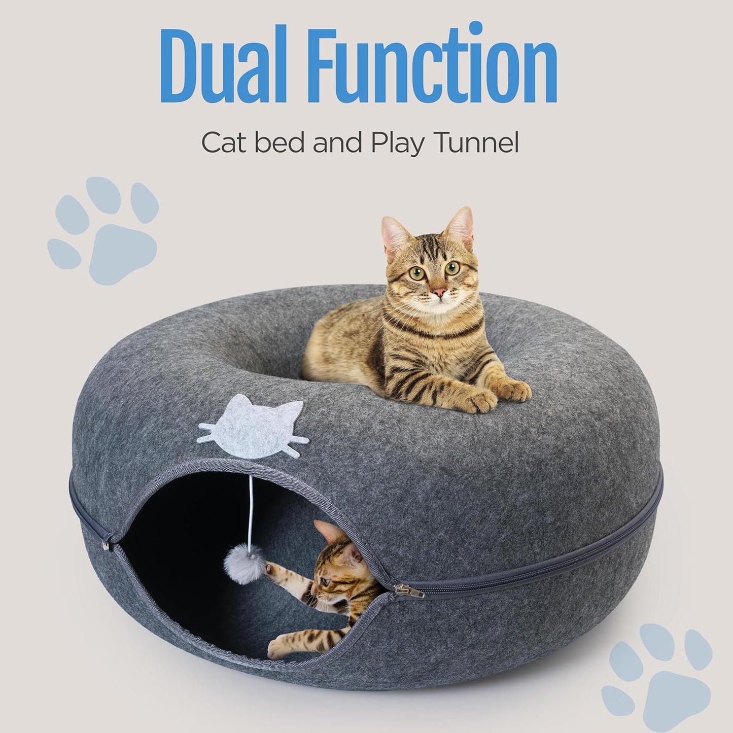 Meow Mansion Large Cat Cave Donut - Cat Tunnel; up to 30lbs - 3 Toy Balls & Hanging Ball Included - Scratch Resistant, Detachable and Cleanable Cat Donut Bed