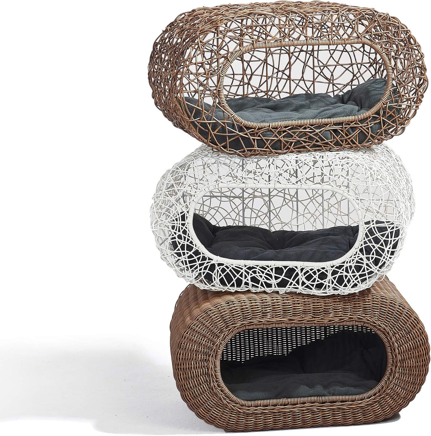 D+GARDEN Fun Stackable White Cat Condo for Indoor Cats - Interactive Play Rattan Modern Cat House for Indoor Cats Kitty, Pet Friendly Top/Side House Entry, Cat Bed Enclosed
