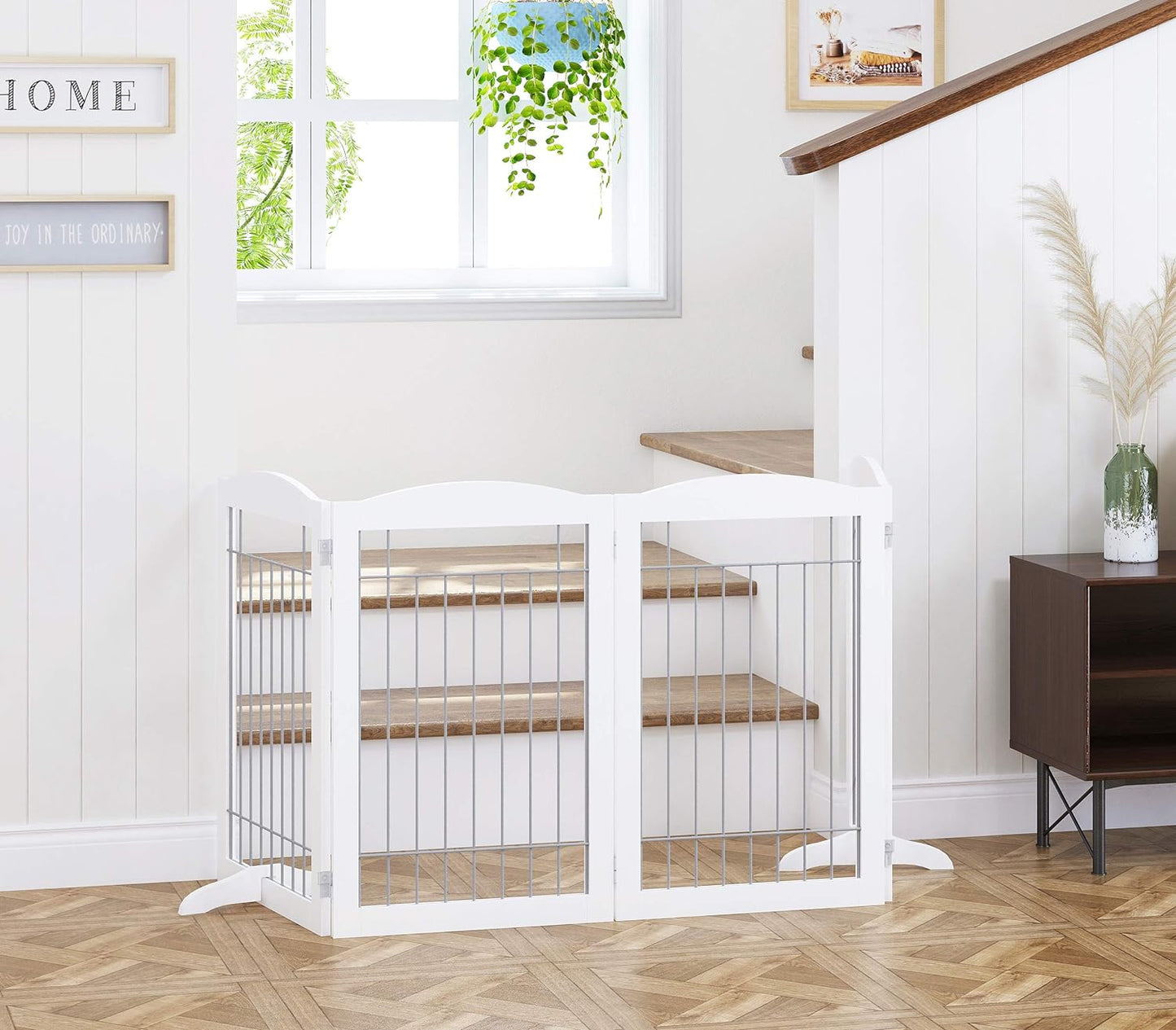 Spirich Free Standing Foldable Wire Pet Gate for Dogs, 80 Inches Extra Wide, 30 Inches Tall 4 Panels Dog Gate for The House, Doorway, Stairs, Pet Puppy Safety Fence, Sliver White