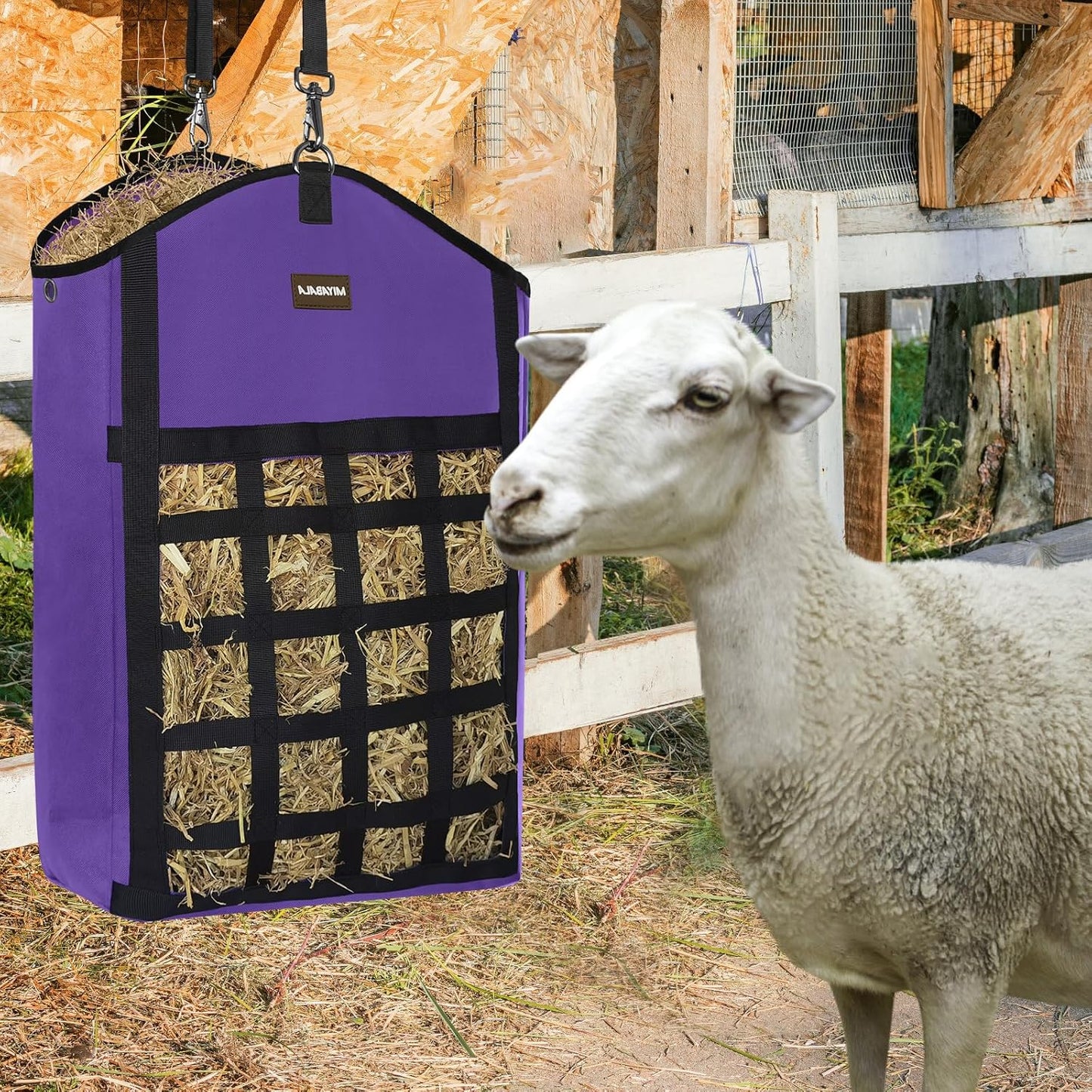 Hay Bags for Horses,3 Packs Slow Feed Hay Bags for Goats,Sheep,Donkey,Premium Oxford Hay Feed Bags with Front Hay Nets Design, Easy to Fill and Hang with Large Opening (2Purple + 1Black)