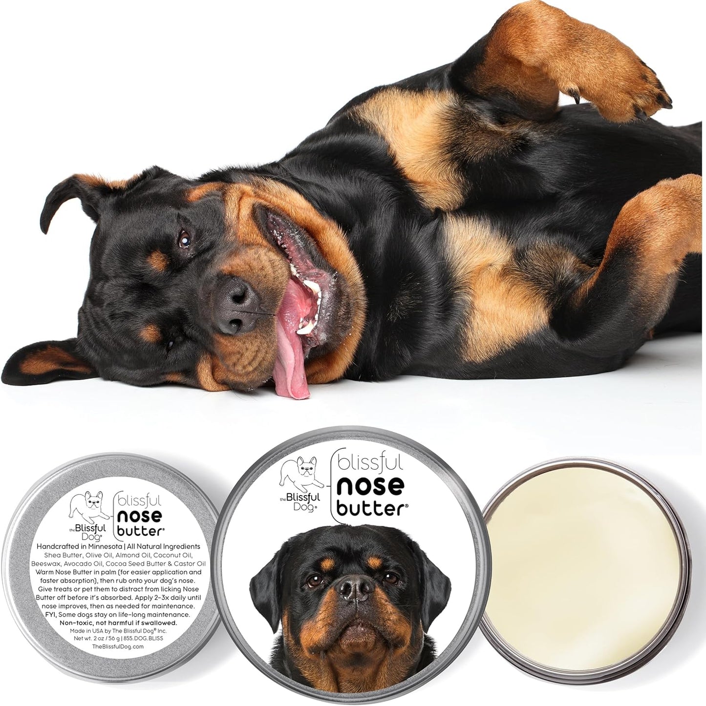 The Blissful Dog Rottweiler Nose Butter for Dry, Cracked Skin, Lick-Safe Dog Nose Balm with Moisturizing Shea Butter, Almond, Olive, and Essential Oils, Pet Supplies, Uncented, 4 oz.