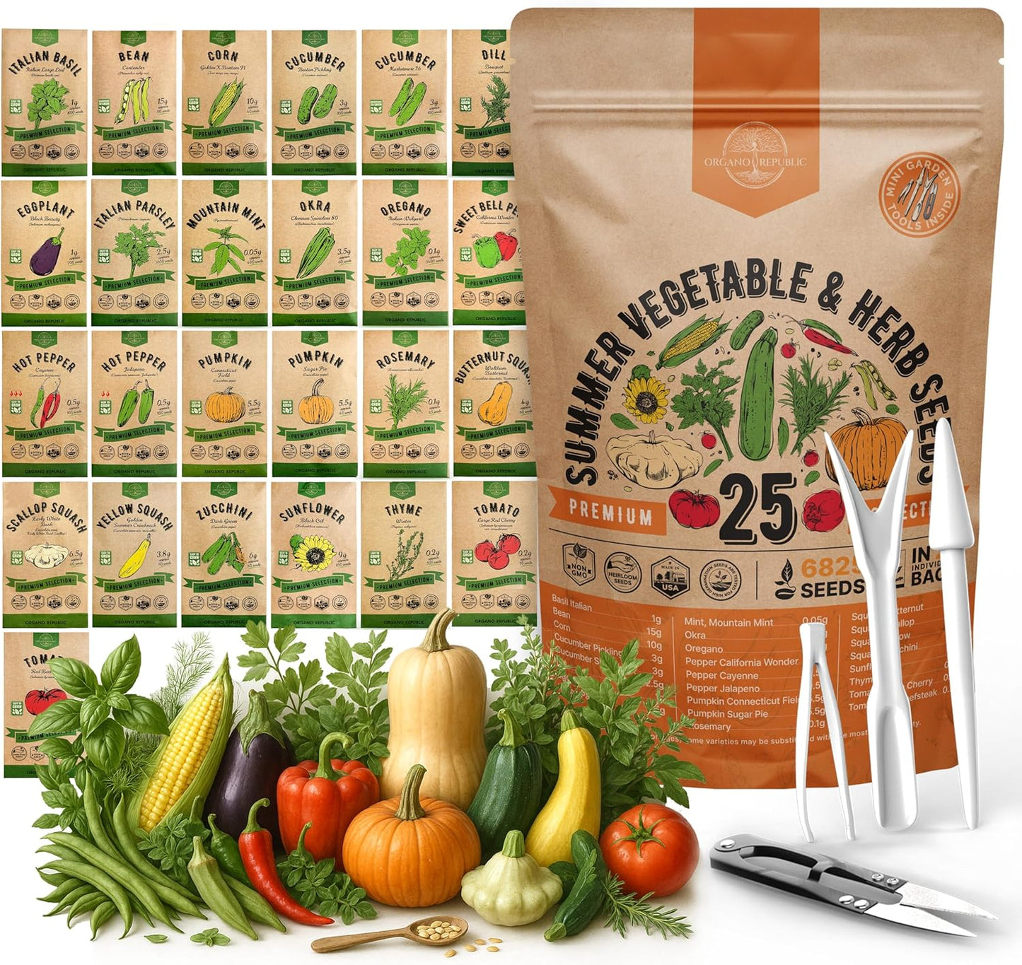Organo Republic 25 Summer Vegetable & Herb Garden Seeds Variety Pack - 6,820+ Non-GMO Heirloom Veggie & Herb Seeds for Outdoors & Indoor Home Gardening: Tomato, Okra, Bean, Cucumber, Basil, Rosemary