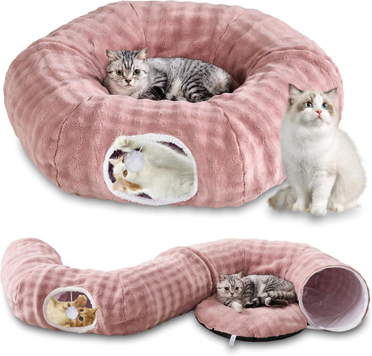 Bubble Cat Tunnel for Indoor Cats, Round Peekaboo Cave Toy with Dangling Balls, Donut Tunnel Bed with Circle Mat for Puppy Kitten Rabbit, Dusty Pink