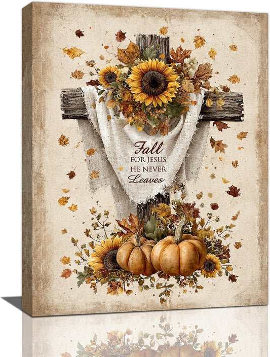 Christian Fall Wall Art Autumn Rustic Cross Sunflower Pumpkin Wall Decor Fall for Jesus He Never Leaves Pictures Painting Print Framed Artwork Decorations Gifts for Living Room Bedroom Prayer Room Office 12"x16"