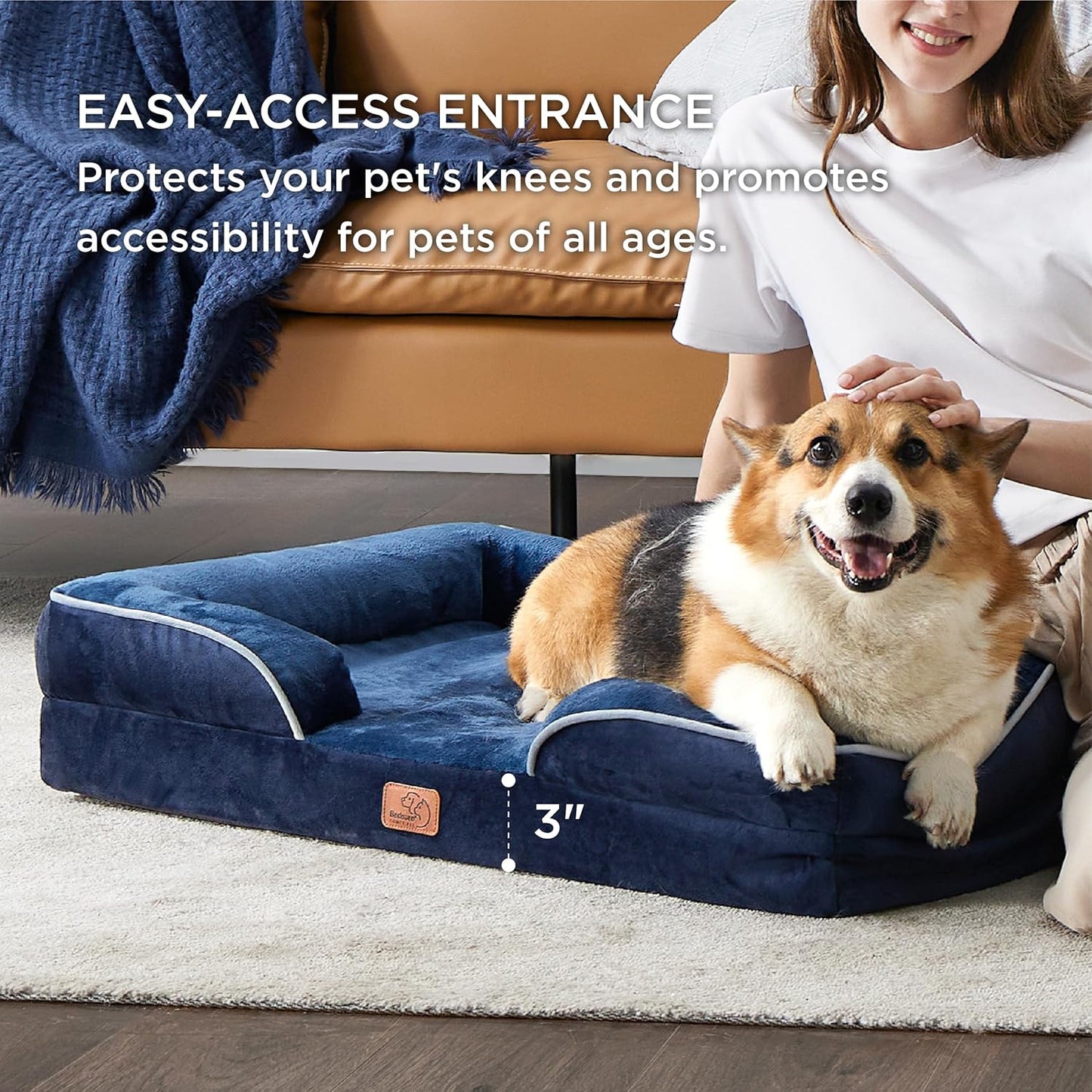 Bedsure Orthopedic Dog Beds Large Sized Dog - Washable Large Dog Cat Bed Waterproof, Comfort Dogs Couch Sofa with Washable Removable Cover, Pet Bed with Nonskid Bottom, Blue Navy, 35"