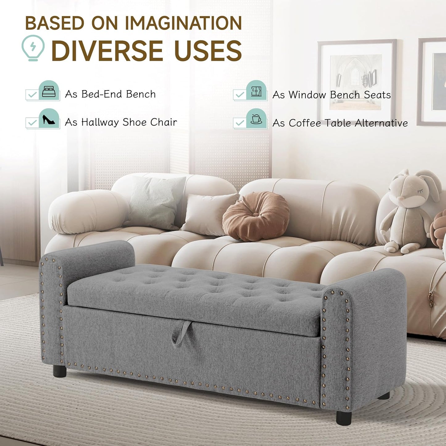 Ottoman with Storage, Tufted Storage Bench for Bedroom, 48" Fabrics End of Bed Bench, Upholstered Entryway Shoe Benches with Rolled Arm & Inner Zipper, Window Ottomans Chest with Rivets, Drak Grey