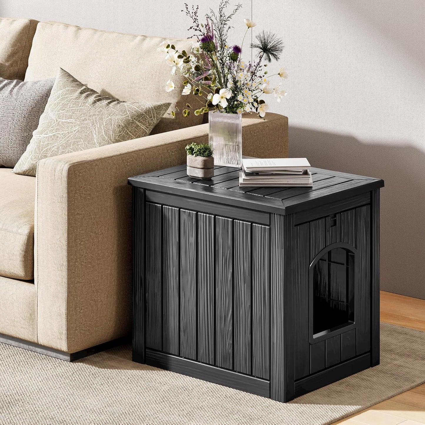 Outdoor & Indoor Dog House for Weatherproof and Stylish Furniture, Insulated Dog House Outdoor, Multi - Use for Small and Medium Dogs (Black, 22.8" L × 17.7" W × 21.7" H)