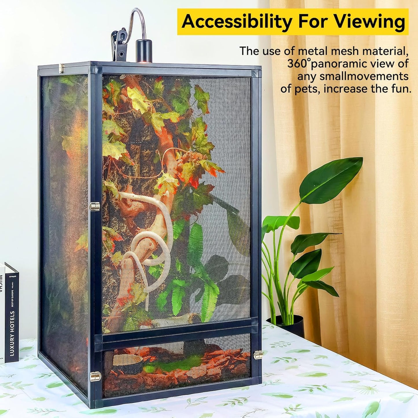 45 Gallon 360° Panoramic Foldable Reptile Terrarium Kit: Crested Gecko Tank and Reptile Cage for Superior Ventilation, Easy Feeding, Sturdiness, and Simple Assembly (Black, 32"x18"x18")