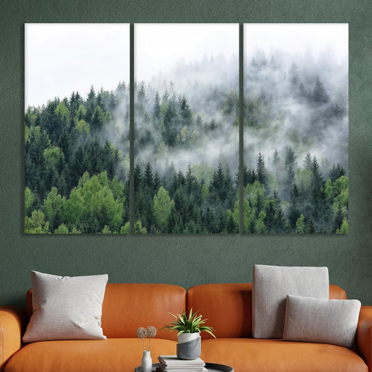 Nature Wall Art Prints - Ocean Forest Mountain Lake Canvas Landscapes - Small to Extra Large Living Room Bedroom Kitchen Bathroom Décor (Pine Trees in Fog, 31L" x 47W" - 3 Panels)