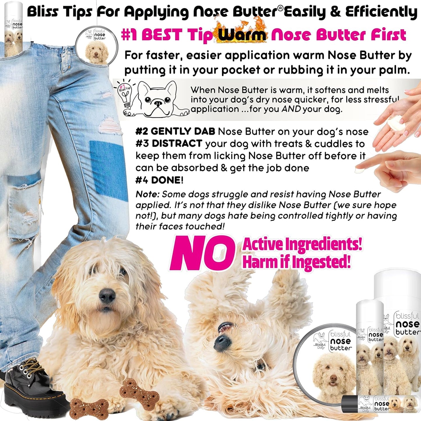 The Blissful Dog Golden Doodle Nose Butter for Dry, Cracked Skin, Lick-Safe Dog Nose Balm with Moisturizing Shea Butter, Almond, Olive, and Essential Oils, Pet Supplies, Uncented, 0.15 oz.