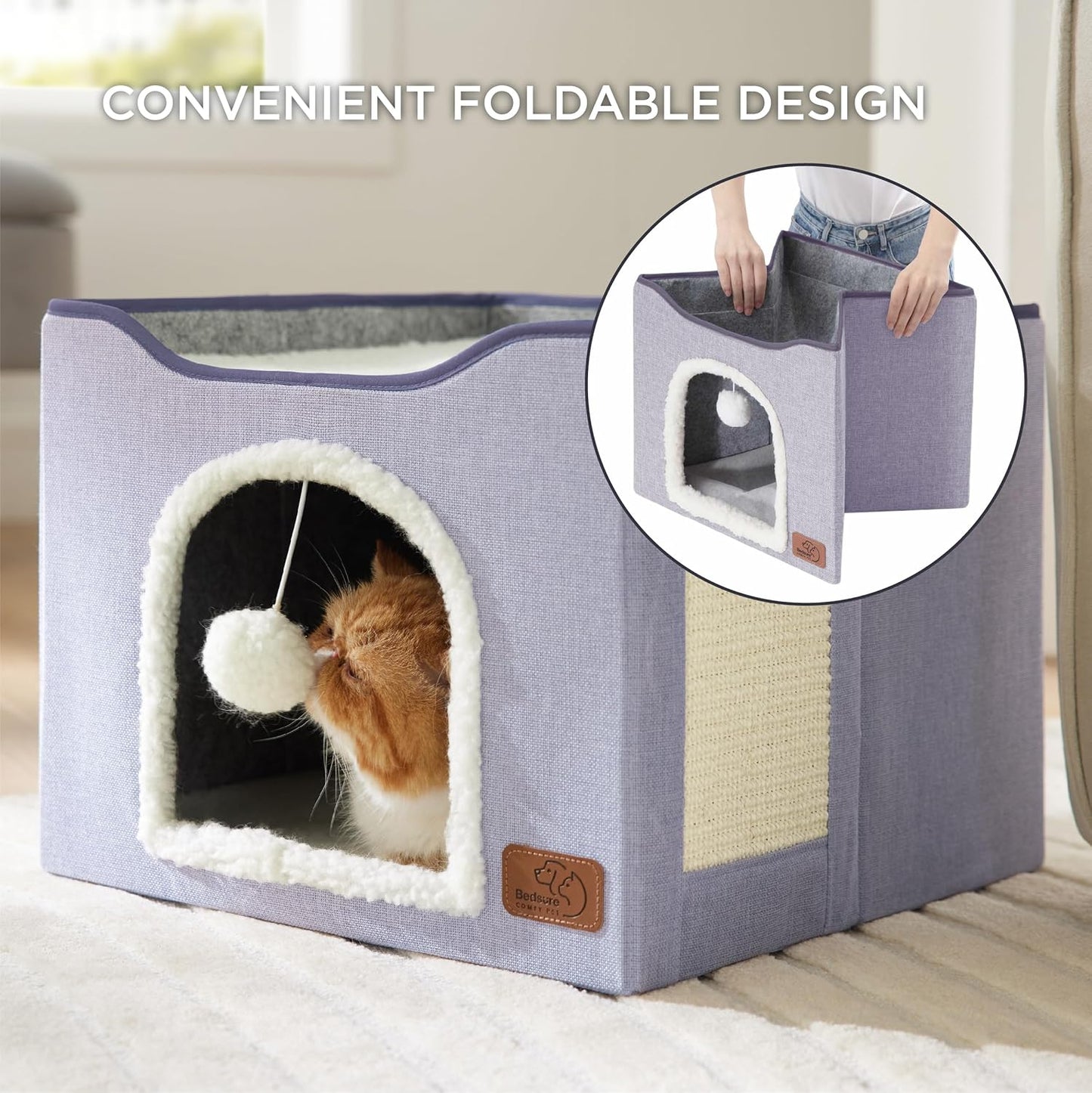 Bedsure Cat Beds for Indoor Cats - Large Cat Cave for Pet Cat House with Fluffy Ball Hanging and Scratch Pad, Foldable Cat Hideaway, 16.5x16.5x13 inches, Cloud Purple