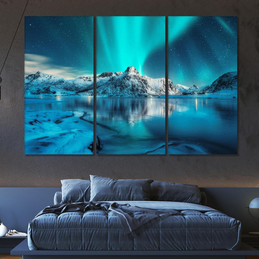 Nature Wall Art Prints - Ocean Forest Mountain Lake Canvas Landscapes - Small to Extra Large Living Room Bedroom Kitchen Bathroom Décor (Northern Lights Over Lake, 47L" x 71W" - 3 panels)