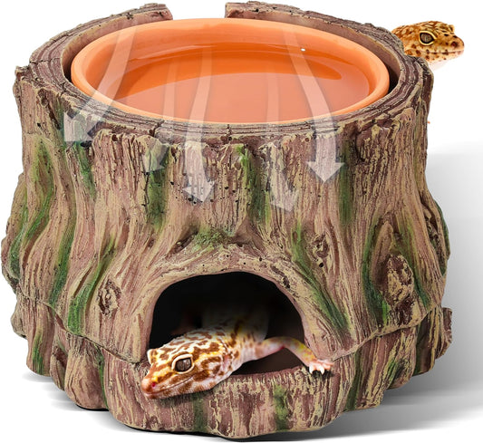 3 in 1 Reptile Hide Cave,Lizard Humid Hideout with Detachable Base and Clay Water Dish,Essential Reptile Terrarium Tank Accessories Decor for Leopard Geckos, Crested Geckos, Snakes, Crabs