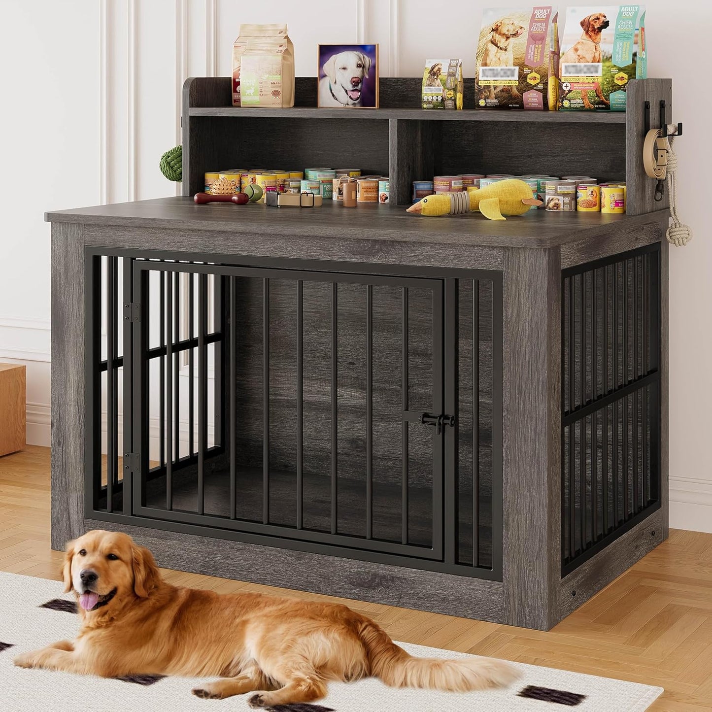 IRONCK Extra Large Dog Crate Furniture, 43.3 inches Wooden Dog Crate with Storage and 4 Hooks, Heavy Duty Pet Crate for Large Dog, Decorative Pet Cage for Indoor (30" L x 43.3" W x 41.1" H)
