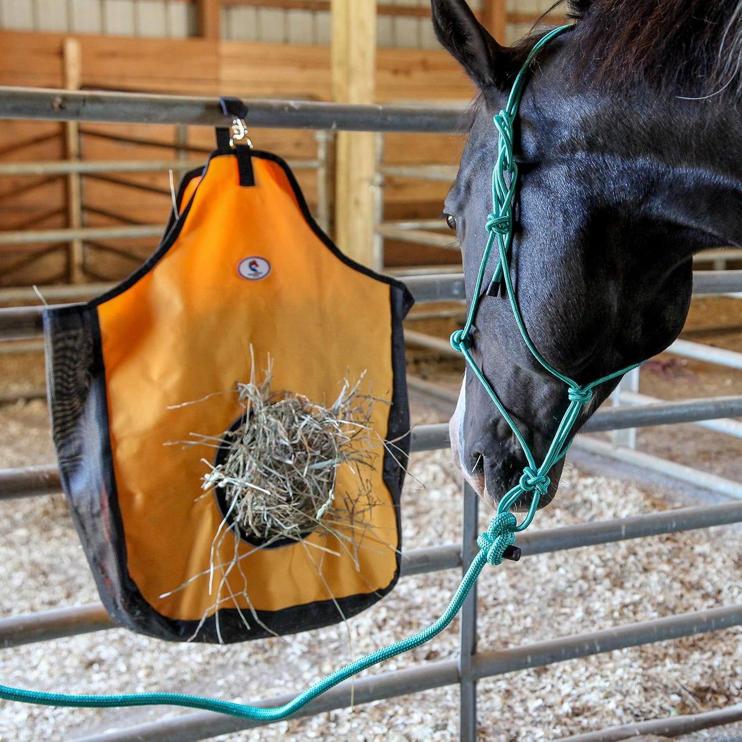 Majestic Ally 1200 D Hay Feeder Tote Bag for Horses, Sheep with Reflective Trim- Reduces Waste - Comes with 36” Hay Net. (Turquoise)