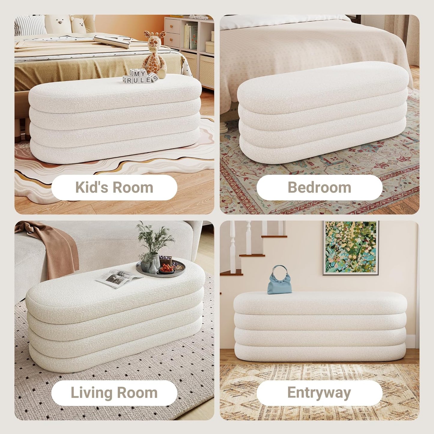 Storage Ottoman Bench 49.2 Inch Upholstered Fabric Storage Bench for Bedroom End of Bed Aesthetic Large Oval Ottoman for Living Room Entryway (Ivory)