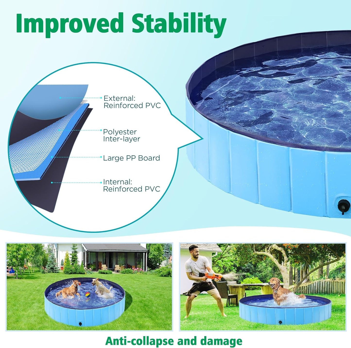 Yaheetech Foldable Dog Pools 63 x 12 Inches Collapsible Hard Plastic Pets Swimming Pool Portable Puppy Bath Tub Cat Shower Pet Wading Pool for Outdoor/Indoor w/Pet Repair Patches, Blue