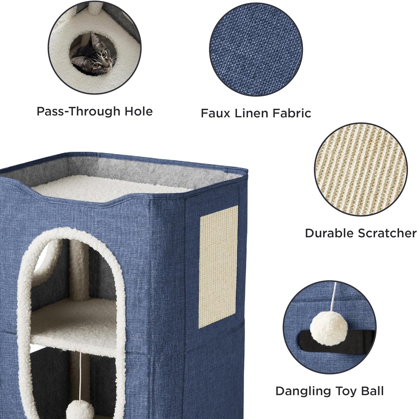 Bedsure 2 Story Cat House - Cat Condos for Indoor Cats with Scratch Pad and Fluffy Ball Hanging, Small Pet Cave Furniture Hideaway for Multi Pets, 18x14x23 inches, Blue