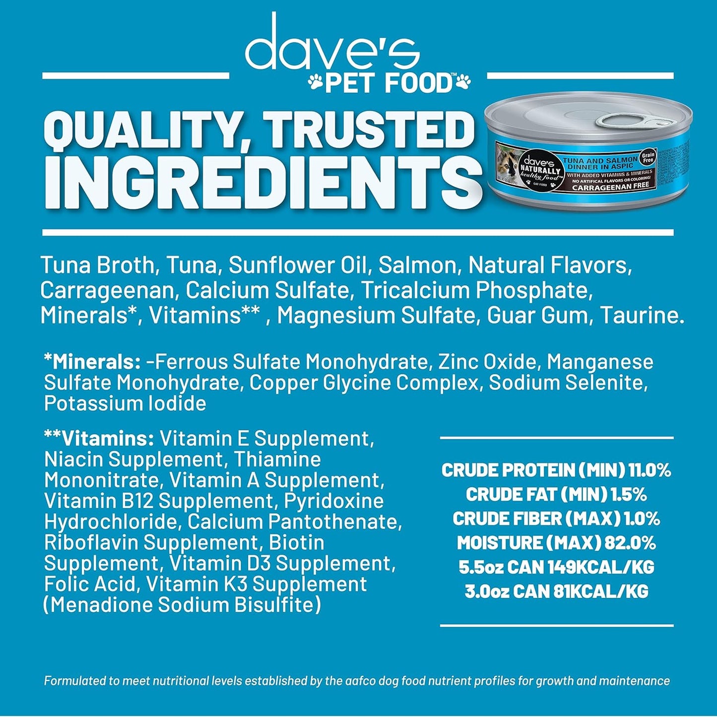 Dave's Pet Food Grain Free Wet Cat Food (Tuna & Salmon in Aspic), Naturally Healthy Canned, Added Vitamins & Minerals, Wheat & Gluten-Free, 3 oz (24 Pack)