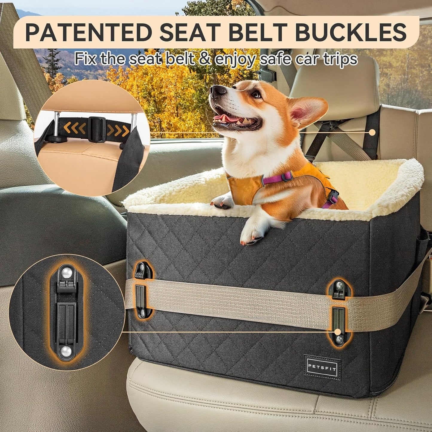 PETSFIT Dog Car Seats for Small Dogs, Soft Foam Dog Booster Seat with Patented Safety Buckles, Storage Pockets and Detachable Clip-On Safety Leash, Dog Car Seat for Medium Dogs 30 LBS (Black)