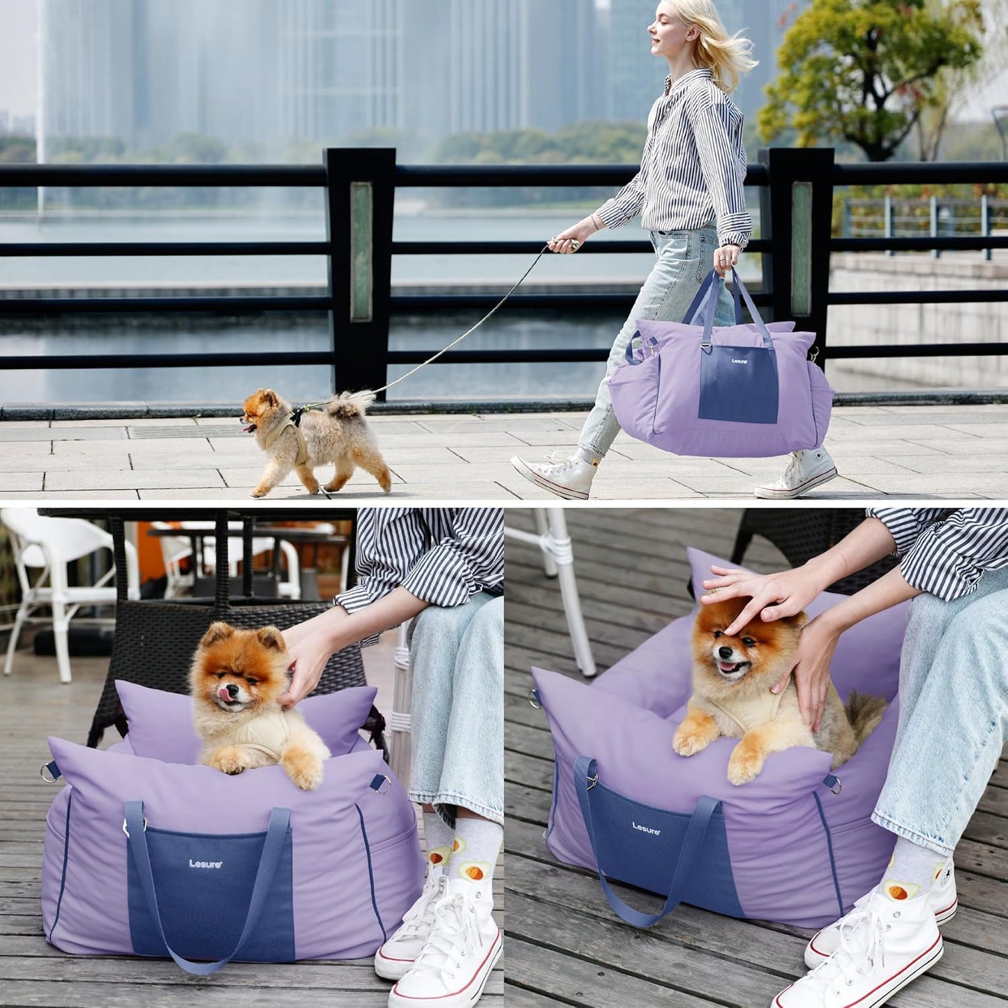 Lesure Small Dog Car Seat for Small Dogs - Waterproof Dog Booster Seat for Car with Storage Pockets and Clip-On Safety Leash and Thickened Memory Foam Filling, Puppy Travel Carrier Bed, Lavender Fog