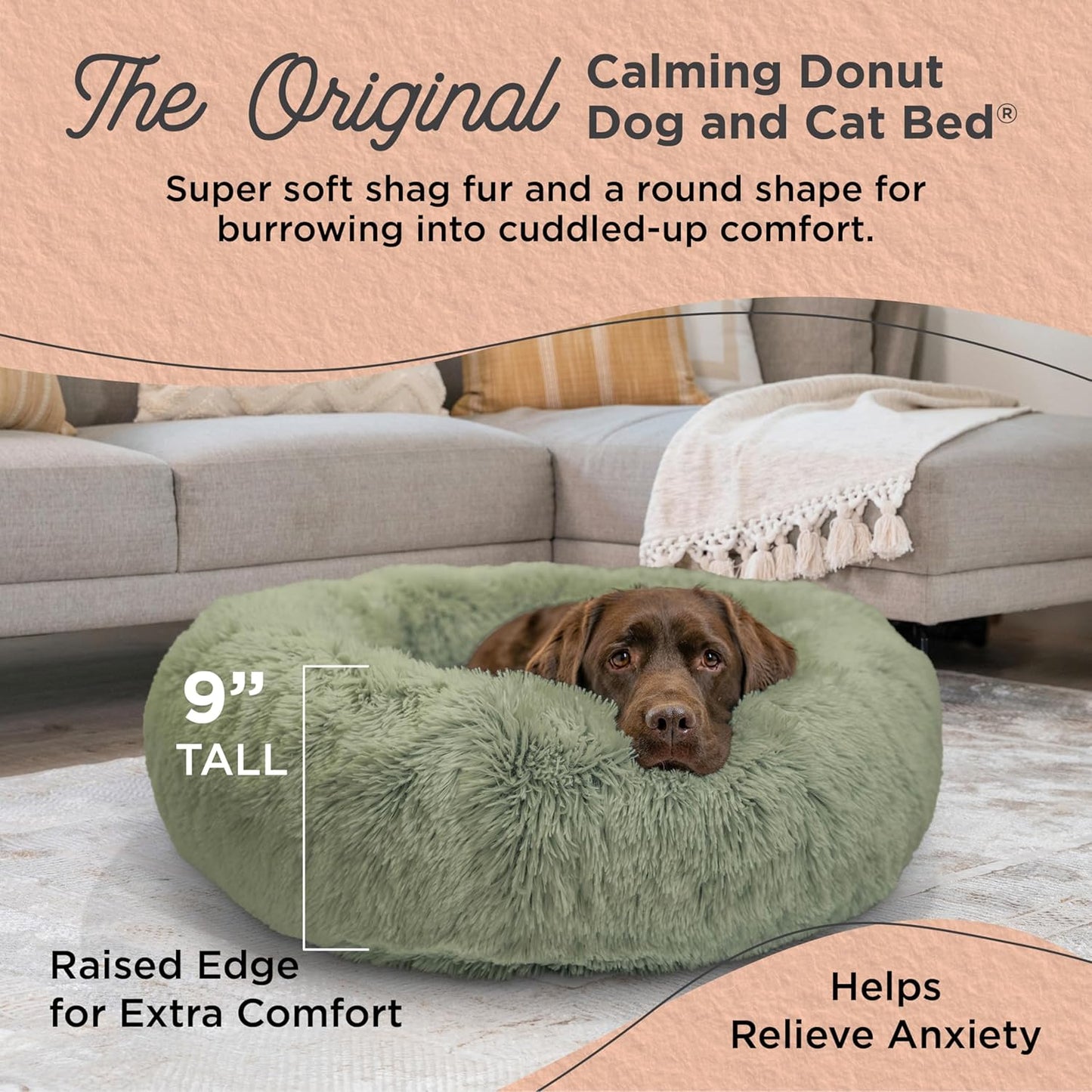 Best Friends by Sheri Original Calming Donut Dog and Cat Bed, Shag Faux Fur, Sage Green, (36in x 36in) - Anxiety Relief for Pets Up to 100 lbs