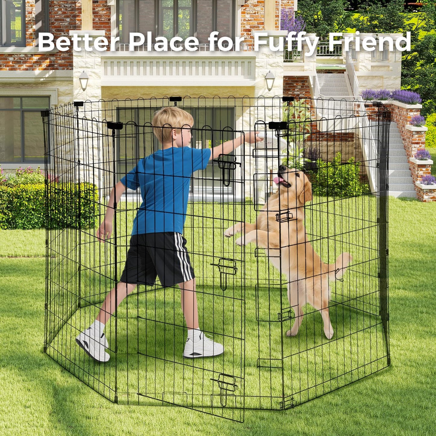 Foldable Dog Playpen 48" Height 8 Panels Metal Exercise Pen with Door - Indoor/Outdoor Dog Play Pen for Medium-Large Dogs, Portable Pet Fence for Yard Garden Camping, Black
